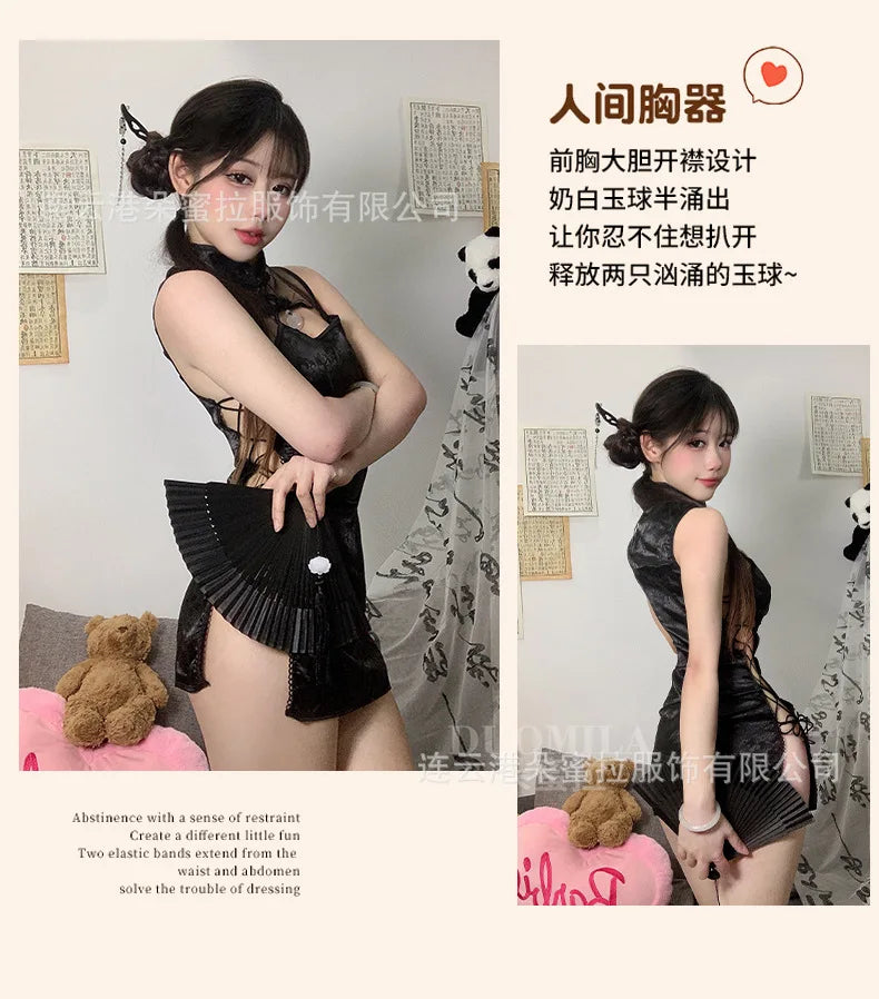 Sexy Cheongsam Mini Dress Mesh Lace Sheer Charming Underwear Uniform Transparent Slim Side Straps Dress Elegant Tops HE1O - Seprincess