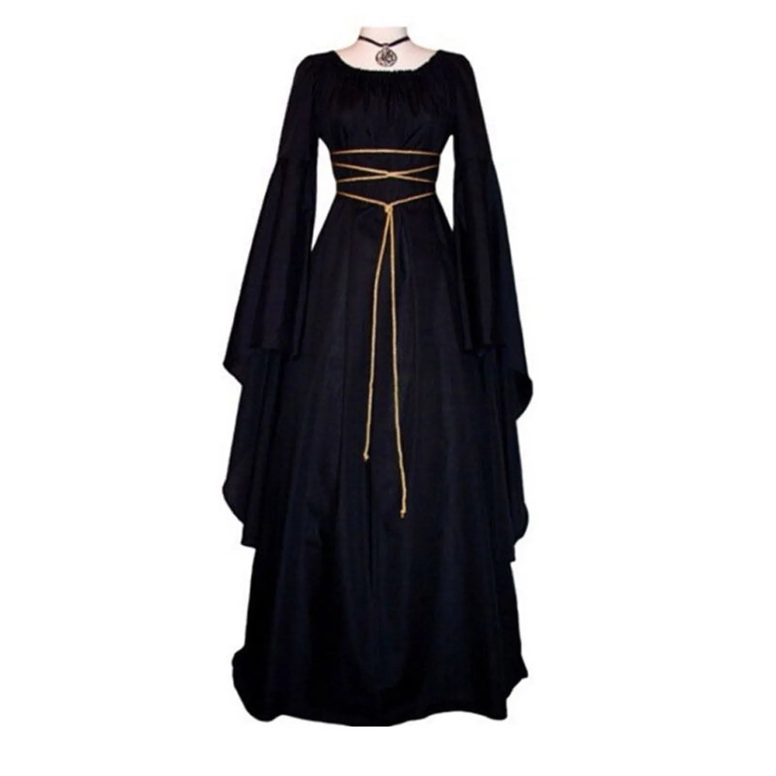 Vintage Gothic Style Black Maxi Dresses For Women Slim Fit Long Flare Sleeve Medieval Long Dresses Female Halloween Costumes - Seprincess