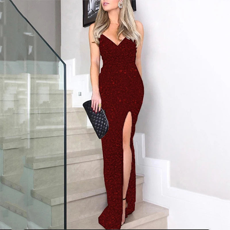 Women Sexy One Shoulder High Split Irregular Dress 2022 New Fashion Shiny Sequin Long Evening Dresses Lady Elegant Party Dress - Seprincess