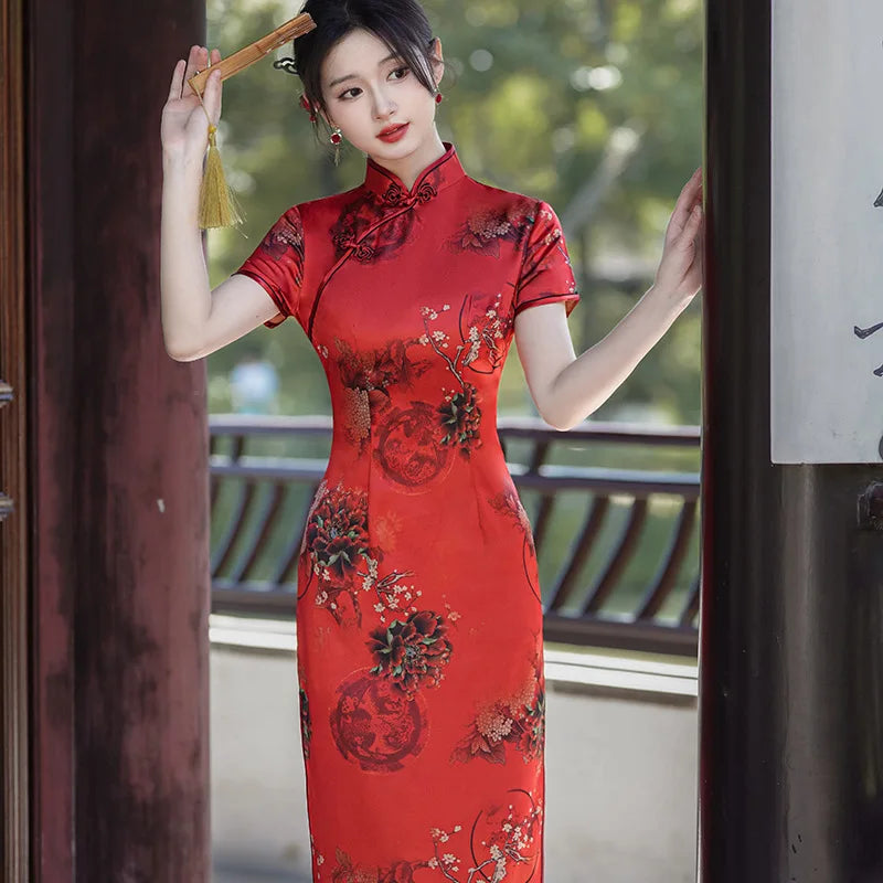 Summer Handmade Printed Satin Long Qipao Traditional Chinese Mandarin Collar Short Sleeve Cheongsam - Seprincess