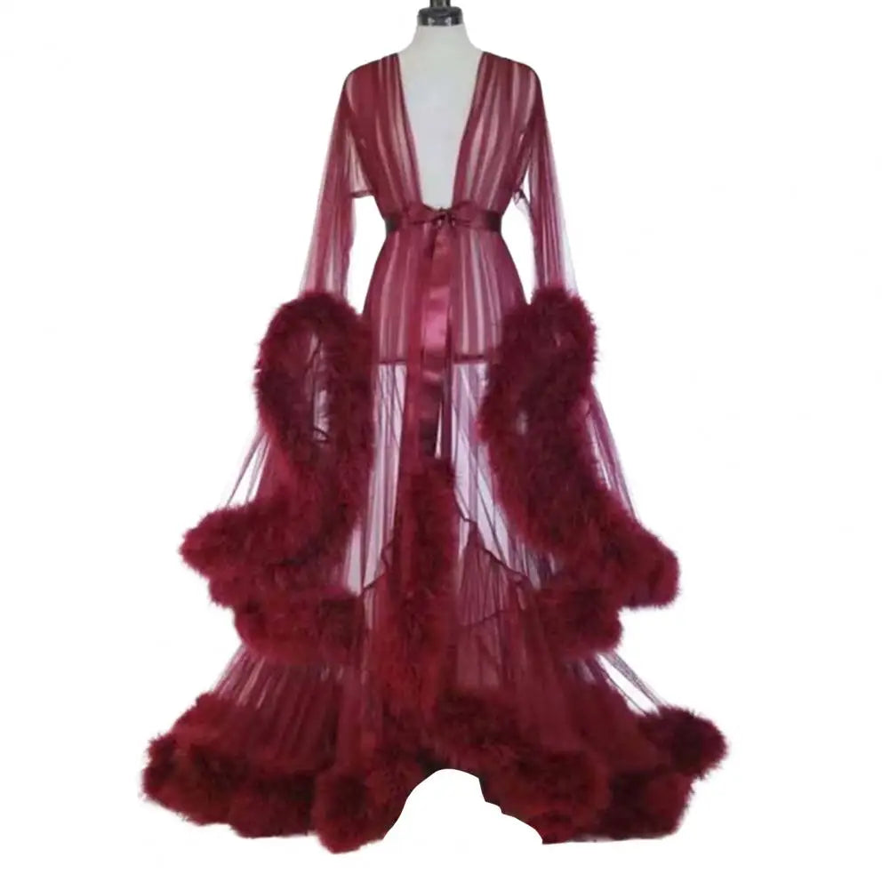 Bathrobe for Women Flare Sleeves Feather Bridal Robe Nightgown Silk Illusion Long Wedding Scarf Dressing Gown Photography Dress - Seprincess