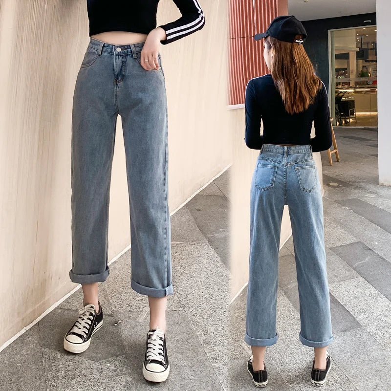 High Quality Korean Denim Jeans Women Straight Pants High Waist Thin White Pink Grey Green Trousers Ladies