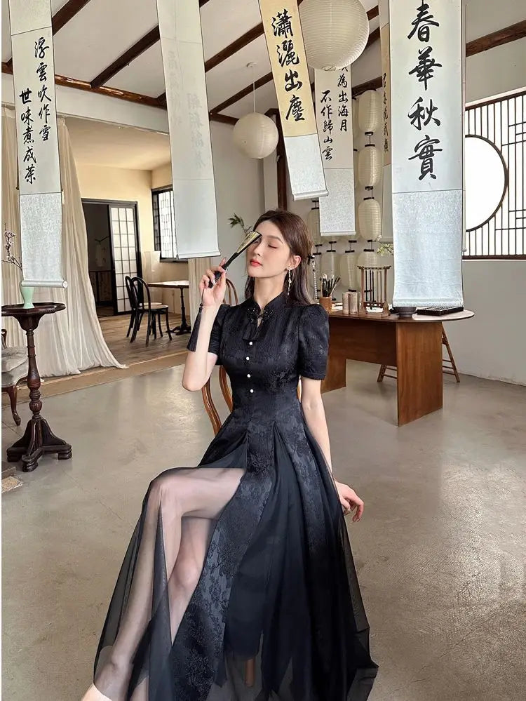 Women Fashionable New Cheongsam Black Advanced Mysterious Dress Qipao Improvement New Chinese Style Elegant Dress Summer - Seprincess