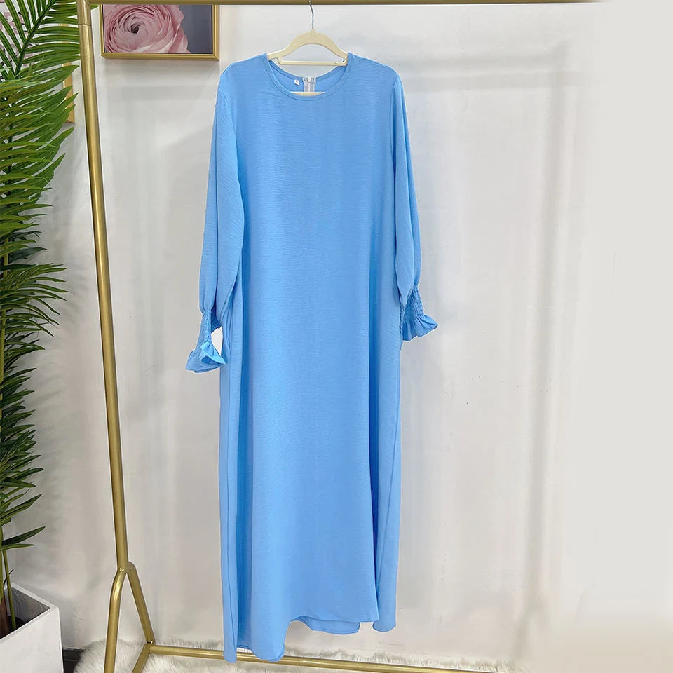 Under Abaya Inner Long Slip Dress Solid Color Smocked Cuffs Islamic Clothing Muslim Woman Casual Dubai Turk Modest Hijabi Robe - Seprincess