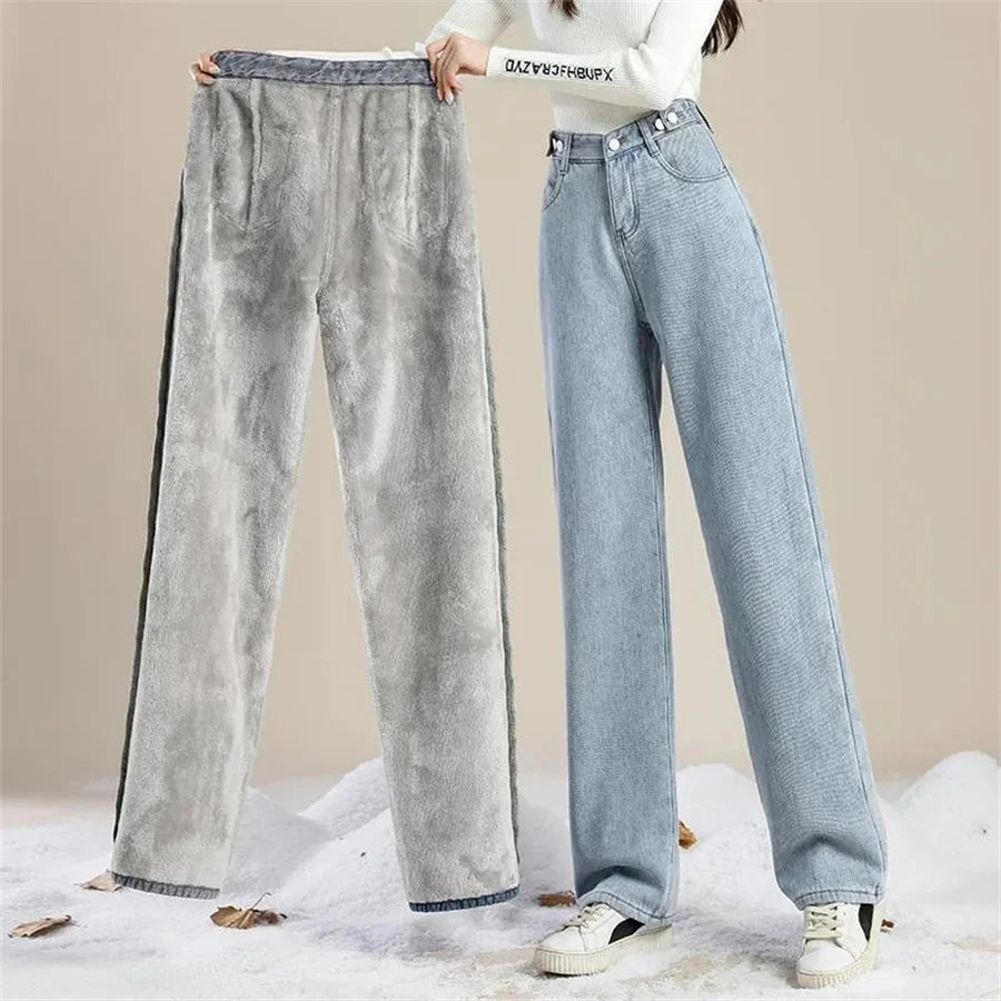 Straight Velvet Lined Baggy Jeans Pants Women Warm Plush Wide Leg Vaqueros Pantalones Thick Loose Vintage Winter Denim Trousers