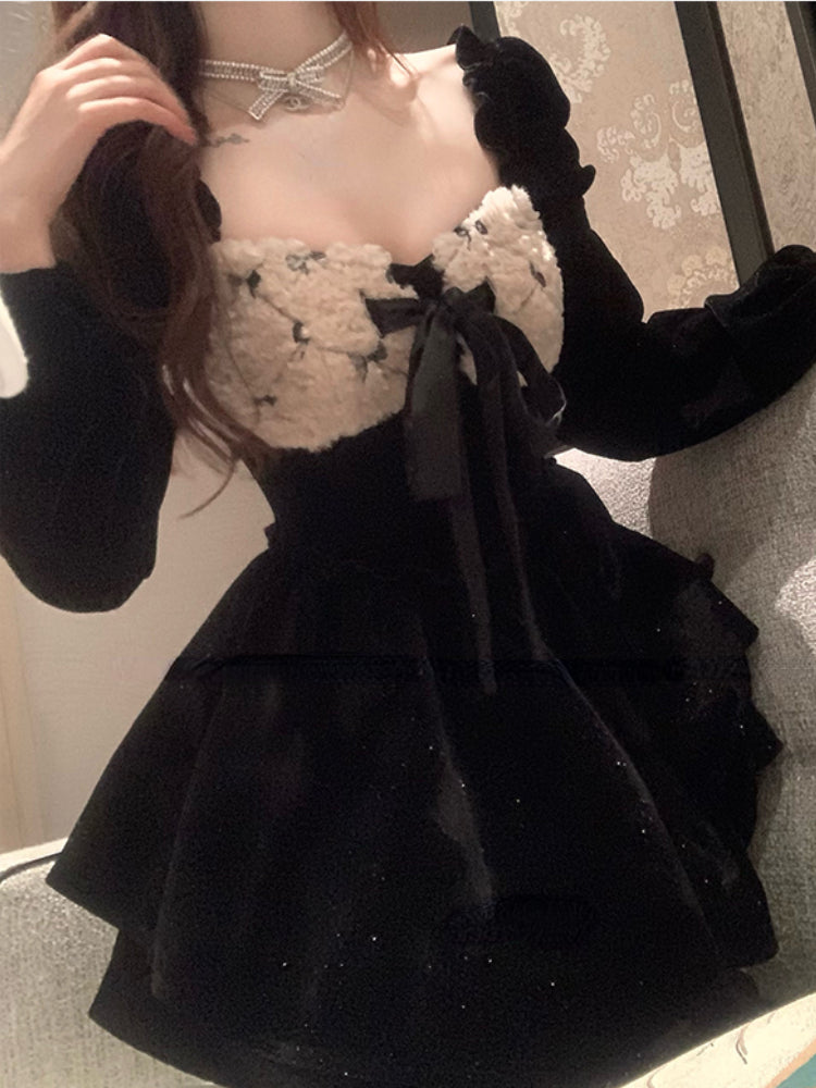 French Hepburn Elegant One Piece Dress Women Black Vintage Chic Party Dress Female Korean Fashion Sexy Lolita Dress 2023 Winter - Seprincess