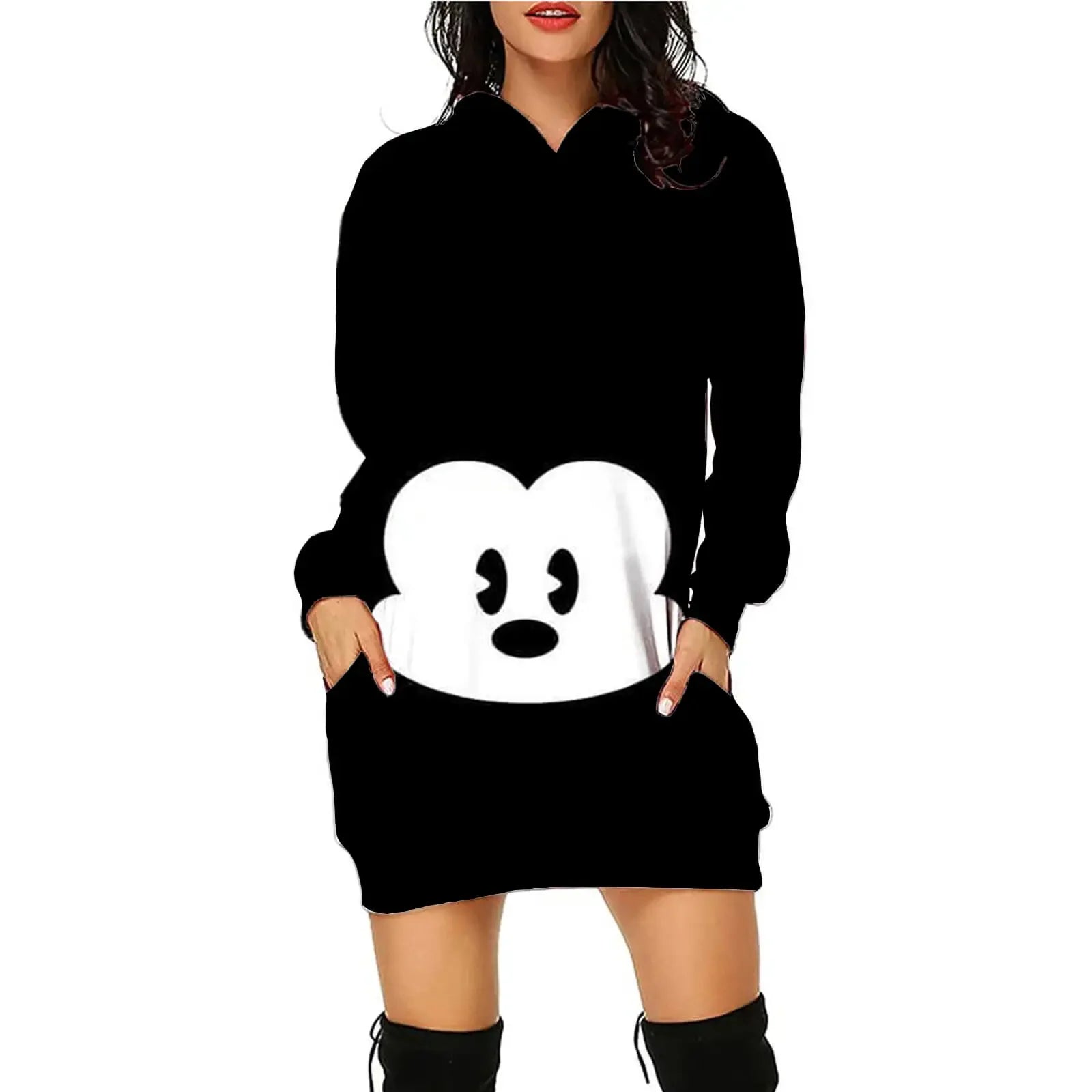 Disney Minnie Mickey Mouse Women's Dress 3D Dye Print Fashion Fall Winter Hoodie Casual Sexy Dress Loose Kawaii Dress - Seprincess