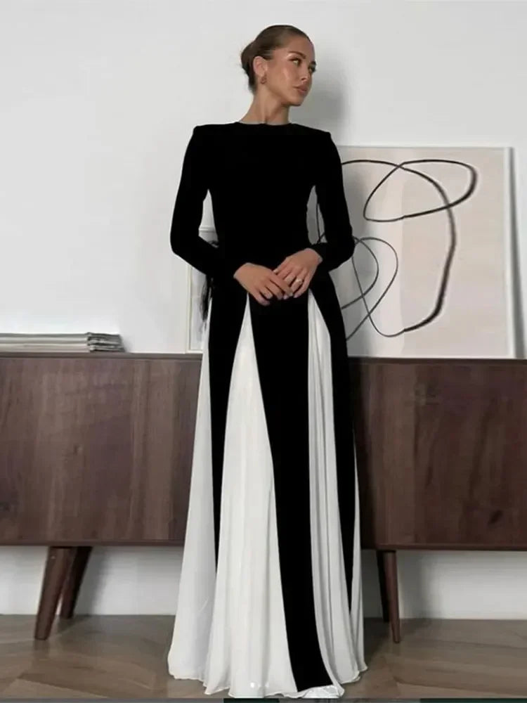 Elegant Black White Patchwork Maxi Dresses Women Fashion O-neck Long Sleeves Slim Dress New Female Evening Party Robes - Seprincess