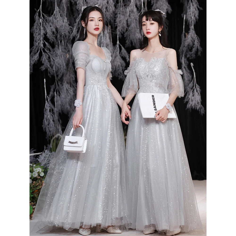 Temperament grey bridesmaid dress 4 Styles Applique Sisters Group Graduation Evening Dresses Simple Wedding Female Guest Dress - Seprincess