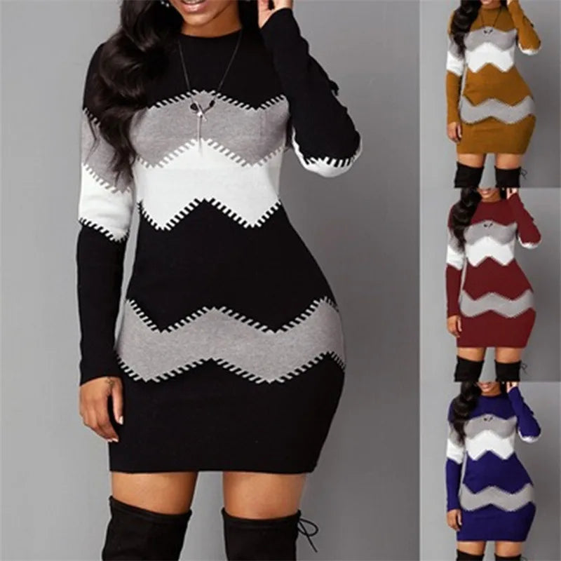 Women Elegant Patchwork Long Sleeve Warm Dress 2022 Autumn Winter Rib Knit Sweater Dress Casual Turtleneck Pullover Mini Dresses - Seprincess