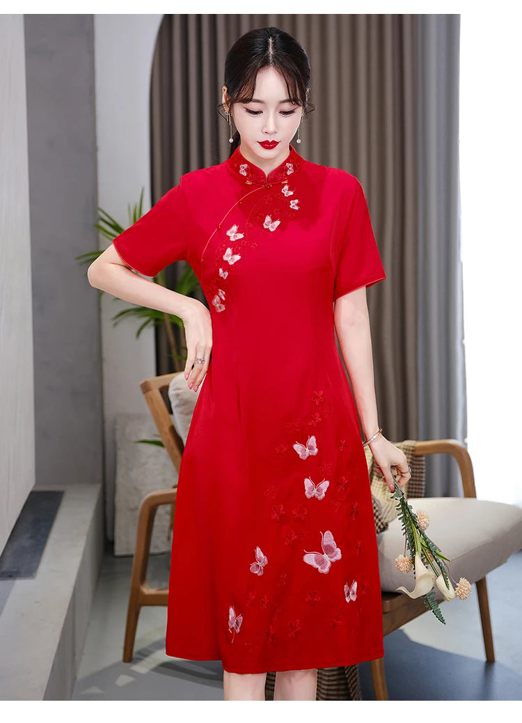 Retro Ethnic Style Chinese Traditional Qipao Dress Fashion Embroidered Improved Red Cheongsam CNY - Seprincess