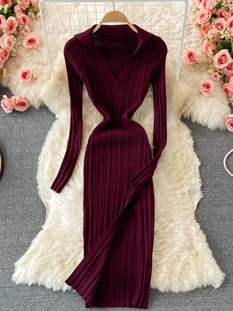 Women Korean Knitted Dress Long Sleeve V Neck Elastic Slim Pencil Dresses 2024 Autumn Sexy Bodycon Split Sweater Dress - Seprincess