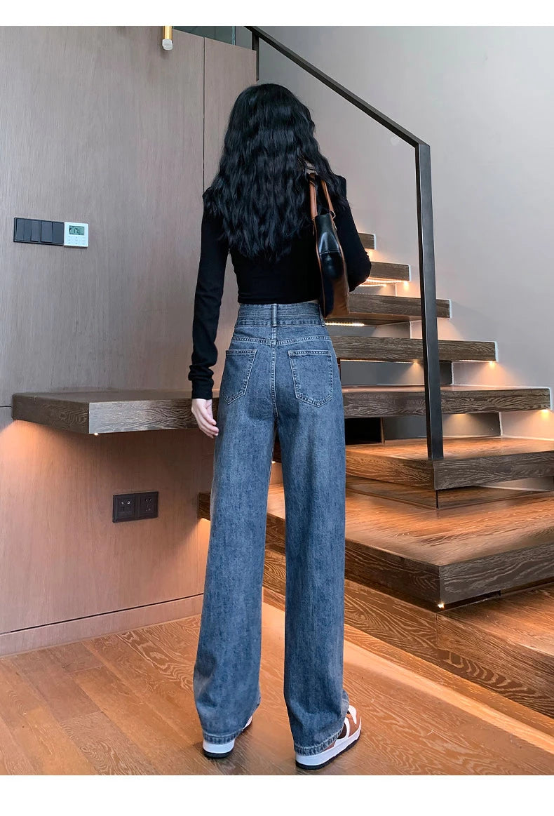 Straight Double Button Denim Jeans Women's New Style Loose Small Narrow Version Classic High Quality Brand Denim Pants