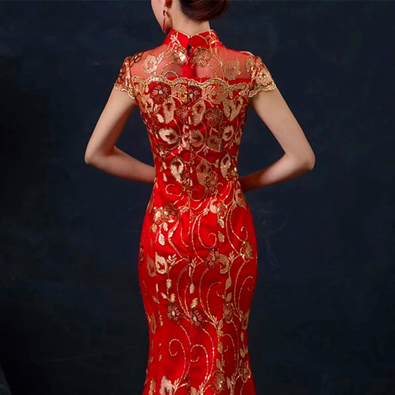 Red Chinese Wedding Dress Female Long Short Sleeve Cheongsam Gold Slim Chinese Traditional Dress Women Qipao for Wedding Party - Seprincess