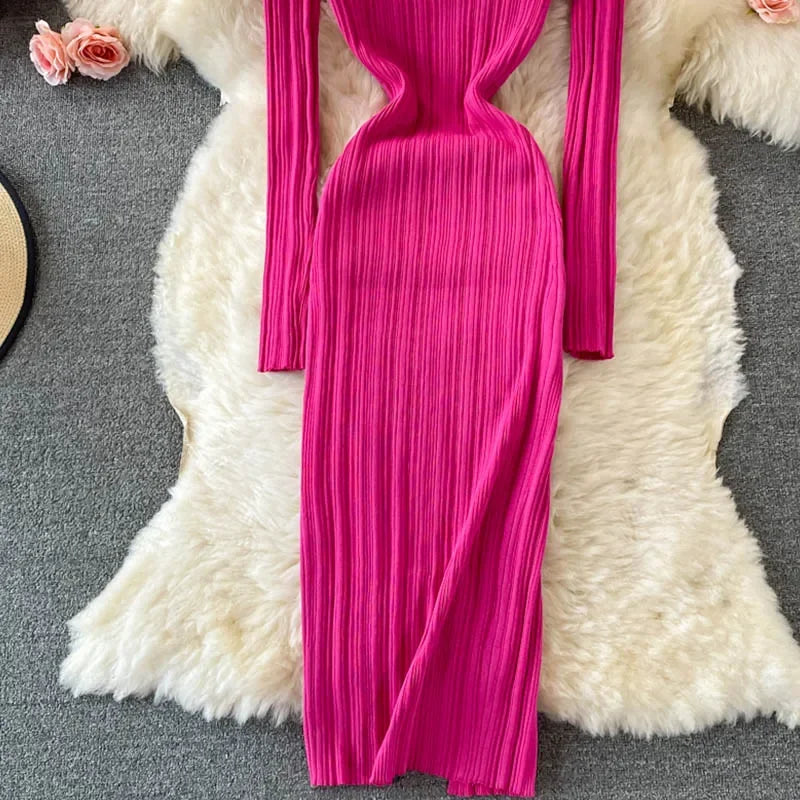 YuooMuoo Chic Fashion Sexy Wrap Hips Split Knitted Autumn Dress Women V-neck Slim Elastic Bodycon Long Dress Streetwear Outfits - Seprincess