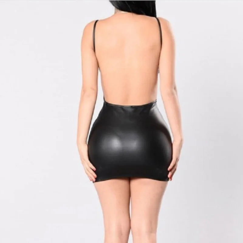 Sexy Faux Leather Dress Backless Club Party Short Dress Solid Black Wet Look Latex Bodycon Push Up Bra Mini Micro Dress - Seprincess