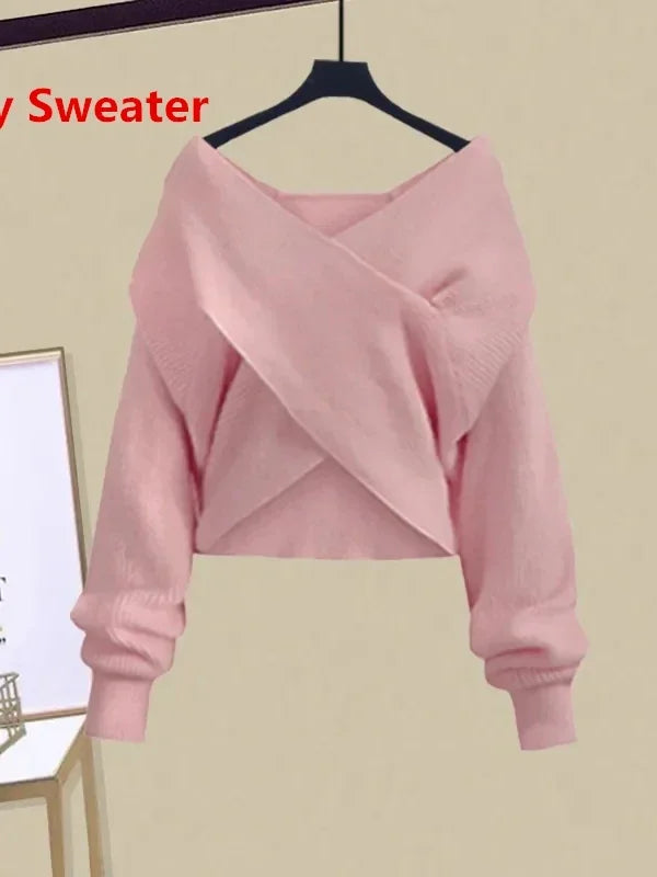 Autumn Winter Skirt Sets For Women Outfits Korean Casual Knitwears Pullover Sweater And High Waist Skirts Two Piece Sets N432 - Seprincess