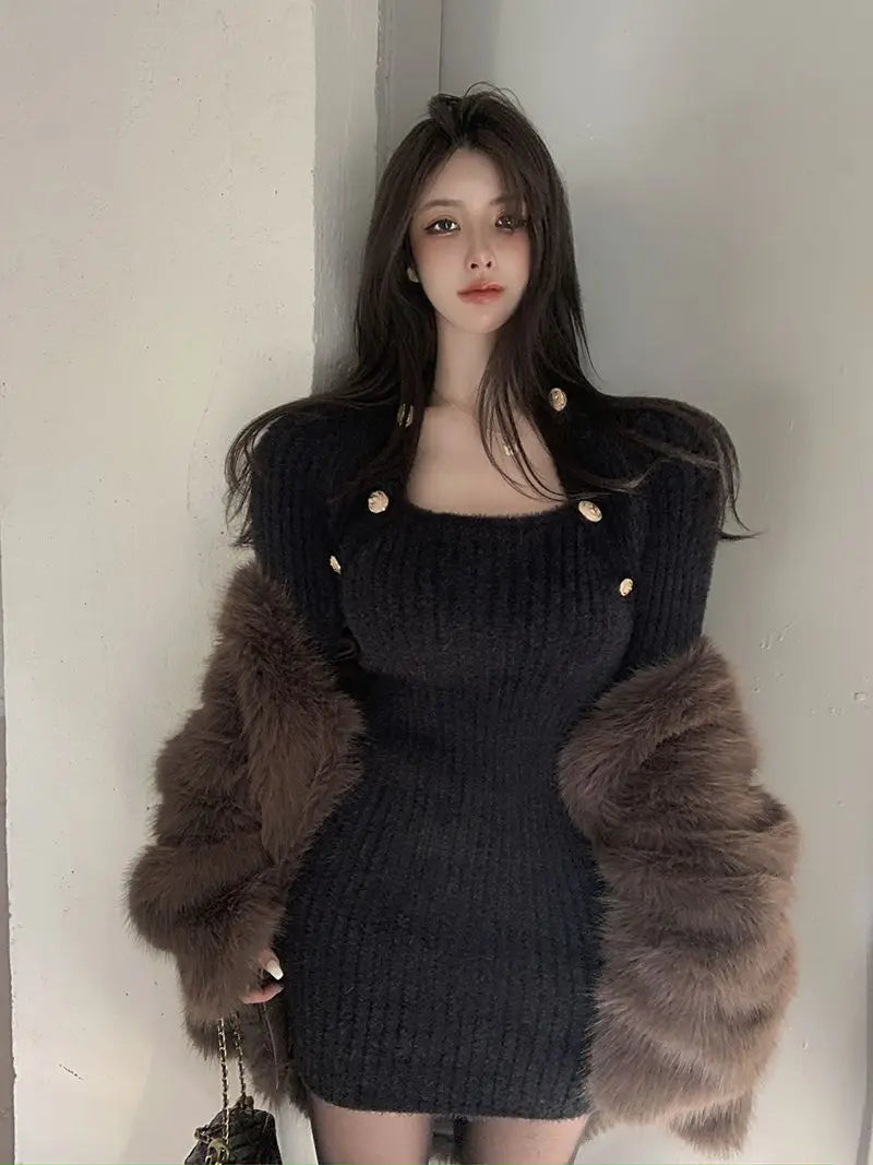 QWEEK Knit Knitted Balck Bodycon Mini Dress 2023 Autumn Winter Korean Fashion Kpop Long Sleeve Short Dresses Streetwear