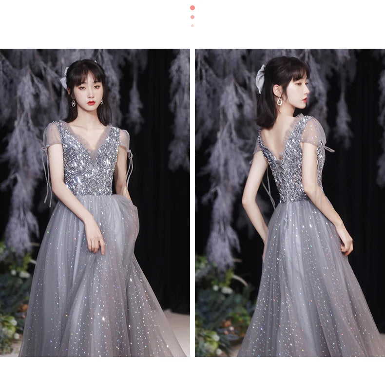 Grey Bridesmaid Evening Dress Women Off Shoulder Sequins Wedding Party Vestidos Fairy Temperament Sisters Group Gown Summer - Seprincess