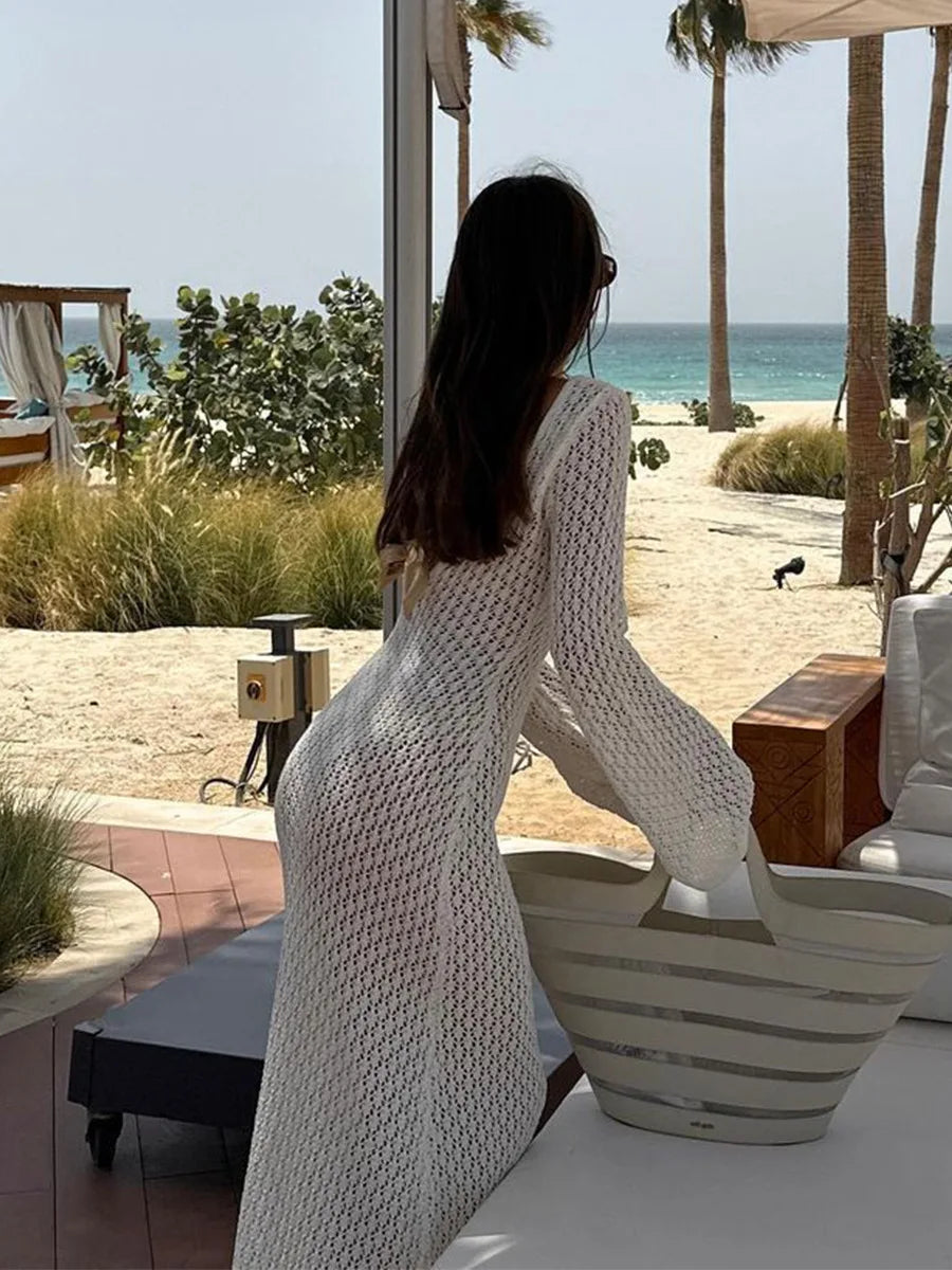 Sexy Women Long Knit Beach Dress Hollow-Out Deep V-Neck Long Sleeve Bikini Cover-Ups Dress Fall Backless Holiday Dress