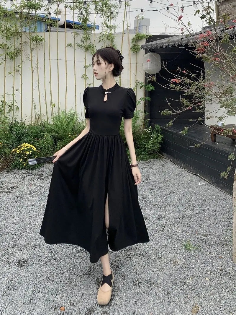 New Chinese Style Improved Cheongsam Dress New Summer Qipao Temperament Black Large Swing Split Midi Qi Pao Dress Woman - Seprincess