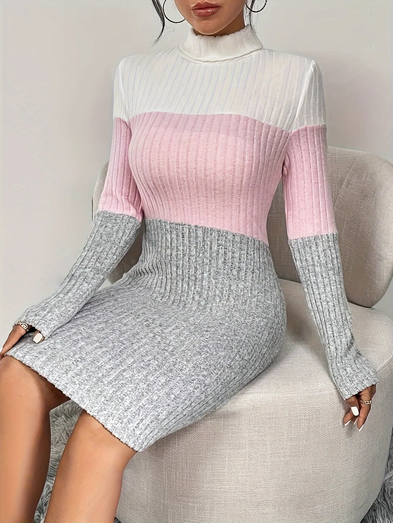 High-neck ribbed long-sleeved sweater women's dress, soft and comfortable warm breathable knitted sexy casual wear - Seprincess