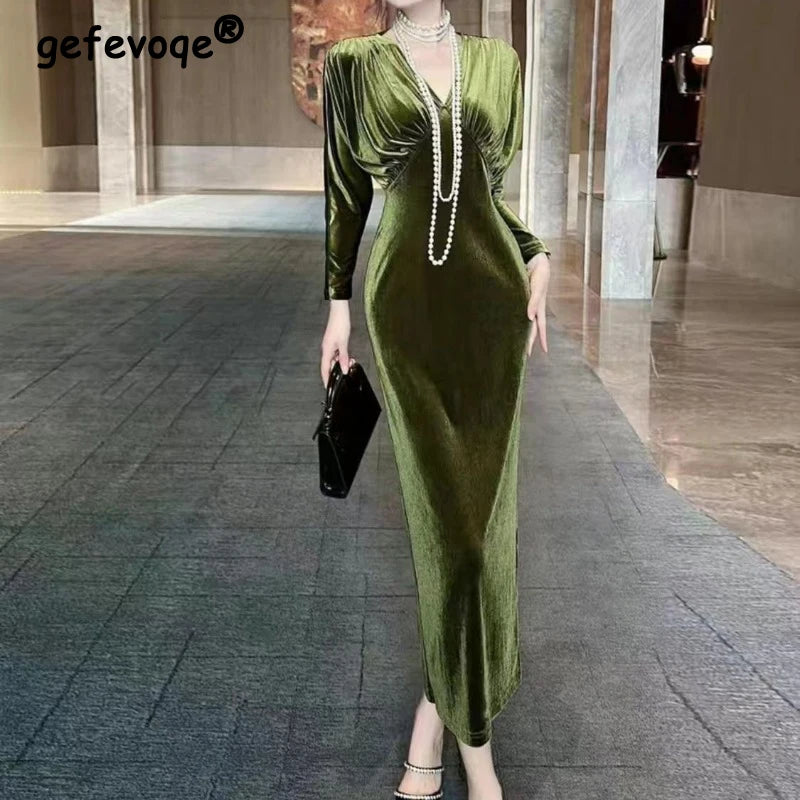 Women Vintage Gold Velvet Ruched Bodycon Elegant Evening Party Dresses Sexy V Neck Split High Waist Long Sleeve Maxi Dress Robe - Seprincess