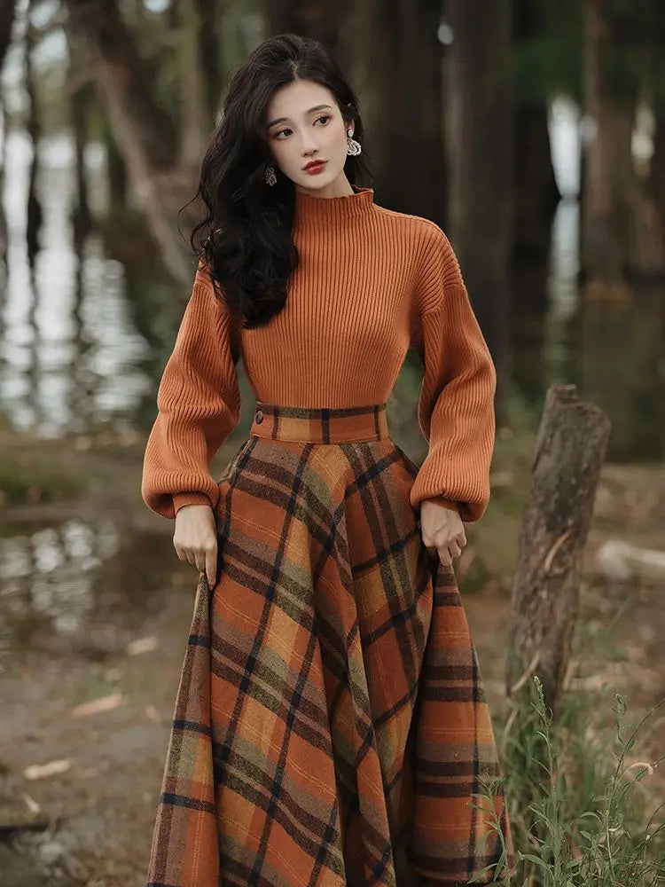 Women's Spring Autumn Vintage Plaid Long Skirts Sweater Two-Piece Set French Lady Graceful Knit Pullover High Waist Skirt Outfit - Seprincess