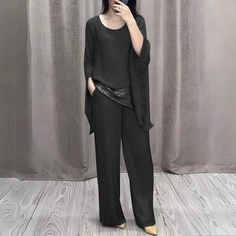 Spring Retro Patchwork Sequin Outfit Women Casual Round Neck Top Pullover & Long Pants Set Summer Batwing Sleeve Loose 2pcs Suit - Seprincess