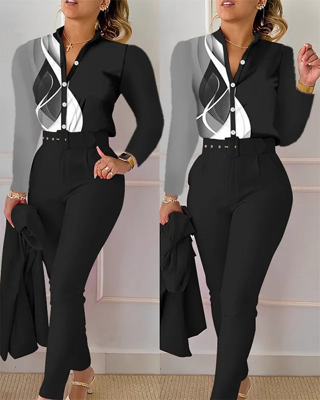 Elegant Women Shirt Two Piece Set Suits Fall New Fashion Print Long Sleeve Top Black Pants Set With Belt Blouses Female Clothing - Seprincess