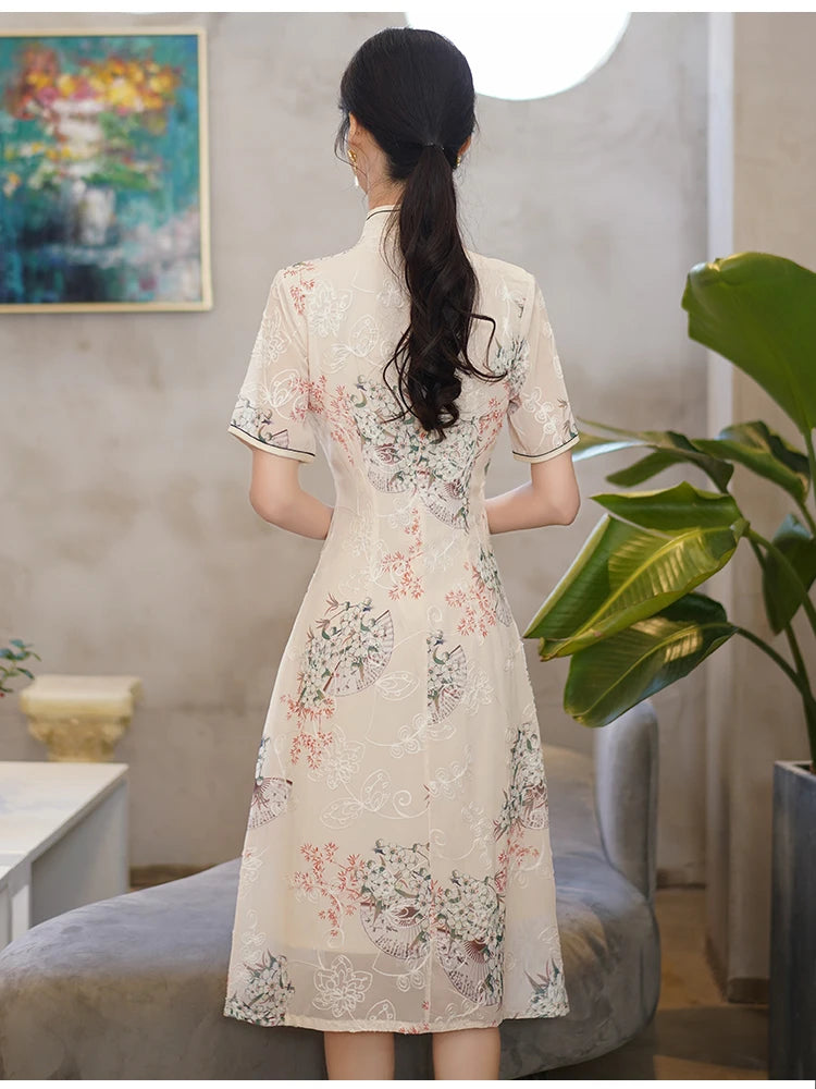 Retro Traditional Chinese Short Sleeve Cheongsam Clothing for Women Summer Modern Elegant Qipao Evening Dress - Seprincess