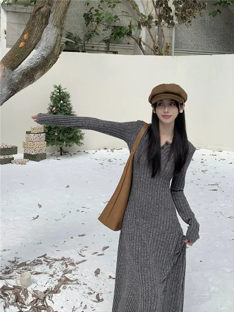 2024 Korean High-end Knitted Dress for Women Autumn/Winter Slim Fit Fashionable Versatile Long-sleeved Woolen Dress for Women - Seprincess