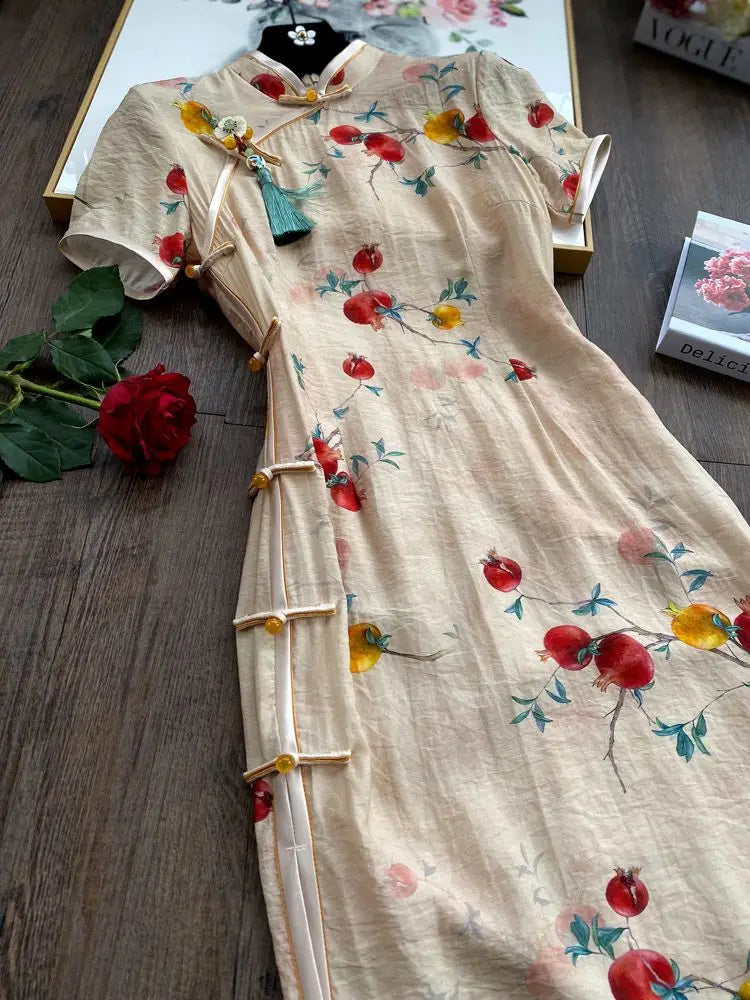 Qipao Women 2024 New Vintage Chinoiserie Young Temperament Print Cheongsam Medium Length Summer College Entrance Examination - Seprincess