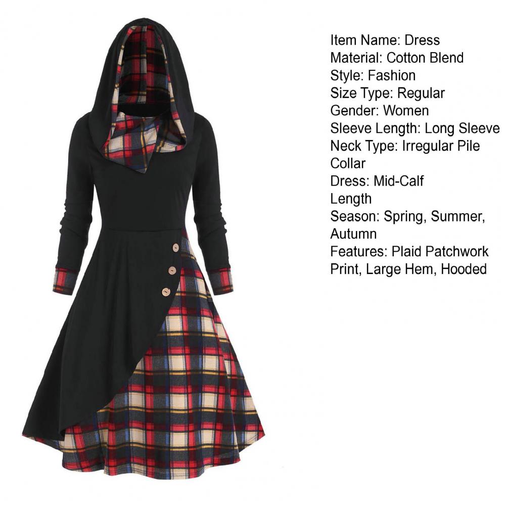 Elegant Dress Women Autumn Irregular Pile Collar Hooded Button Waist Tight Plaid Patchwork Print Large Hem Midi Dress - Seprincess