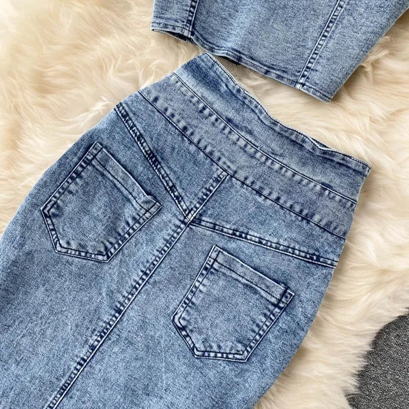 Denim Skirt Set Women Sexy Camisole Tops + High Waist Denim Pencil Skirt 2Pcs Suit Fashion Female Summer Slim Bodycon Suits - Seprincess