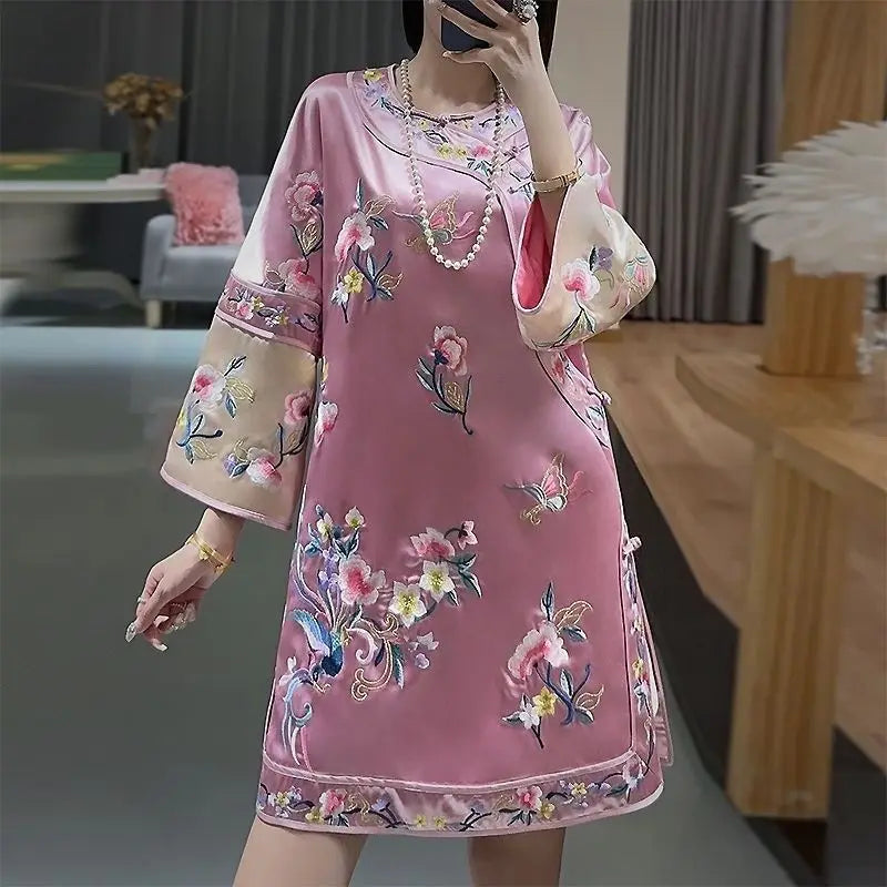 Chinese Traditional Women Qipao Dress Yellow Round Neck Three Quarter Sleeve Printed Cropped Cheongsam Women Evening Dresses - Seprincess