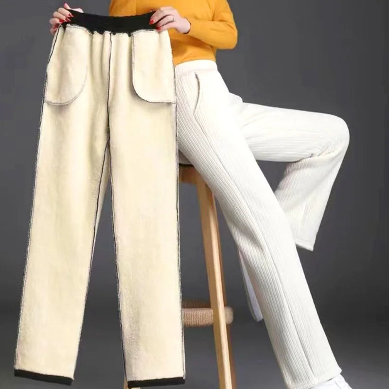 Women Warm Winter Plush Thick Pants Lambskin Cashmere Trousers High Waist Cotton Fleece Loose Female Plus Velvet Wide Leg Pants