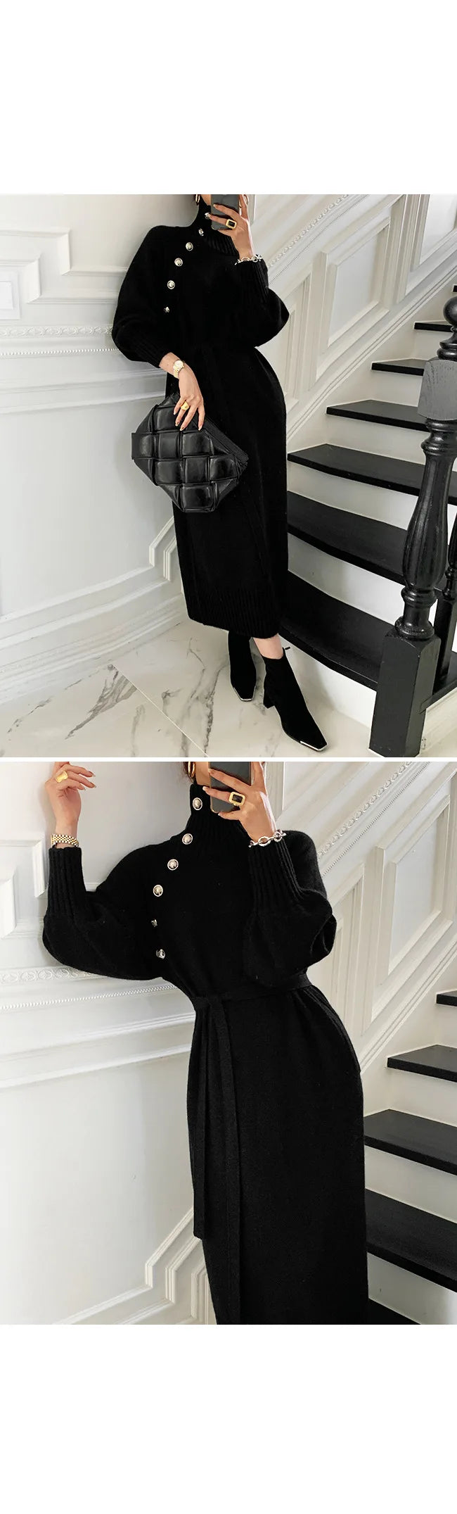 Women Dress Full Sleeve Button Irregular Long Dresses Turtleneck Party Slim Fit Lace Up Tight High Waist Elegant Vestidos - Seprincess