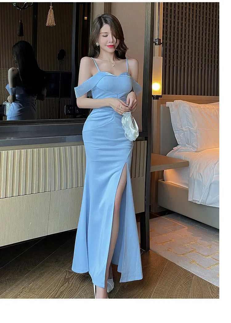 2024 The New Host Model Bridesmaids Party Socialite High-Grade Deep V-Neck Halter Long Evening Dress - Seprincess