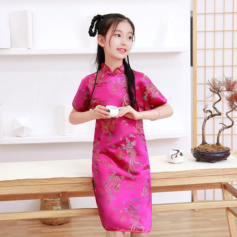 Classical Chinese Style Qipao Children Cheongsam Silk Brocade Princess Dress Baby Girl Print Cheongsams Handmade Button Clothing - Seprincess