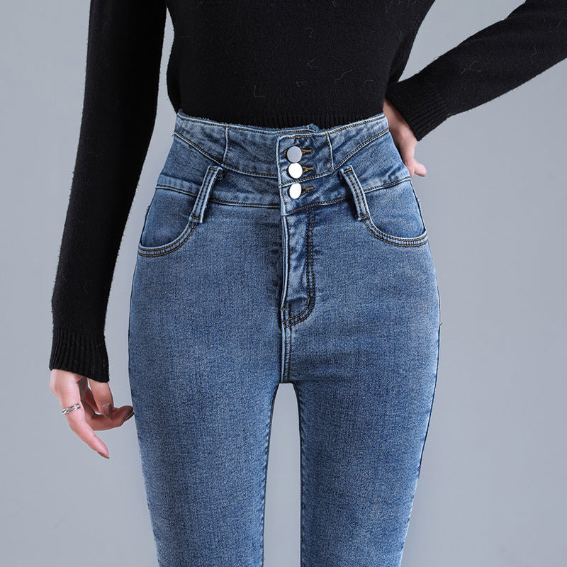 Women Thermal High Waist Jeans Winter Snow Warm Plush Stretch Jeans Lady Skinny Thicken Students Denim Pants Fleece Fur Trousers