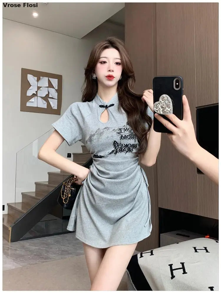 New 2024 Retro Daily Leisure Qipao Dress Chinese Style Printing Improved Cheongsam Fashionable Wrinkled Waist Design Thin Dress - Seprincess