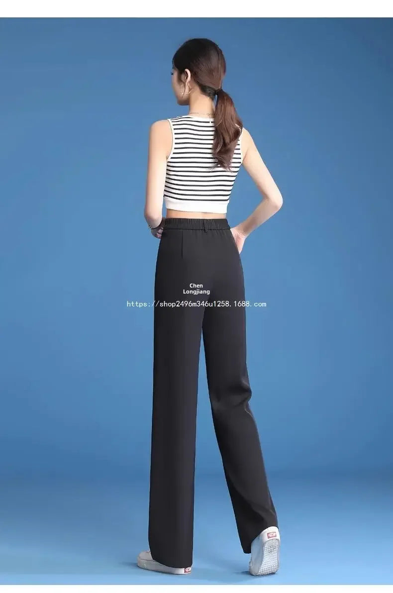 Plus Size High-waisted Thin Black Casual Trousers Women's Summer Ice Silk Bell Bottoms Straight-leg Pants For Ladies