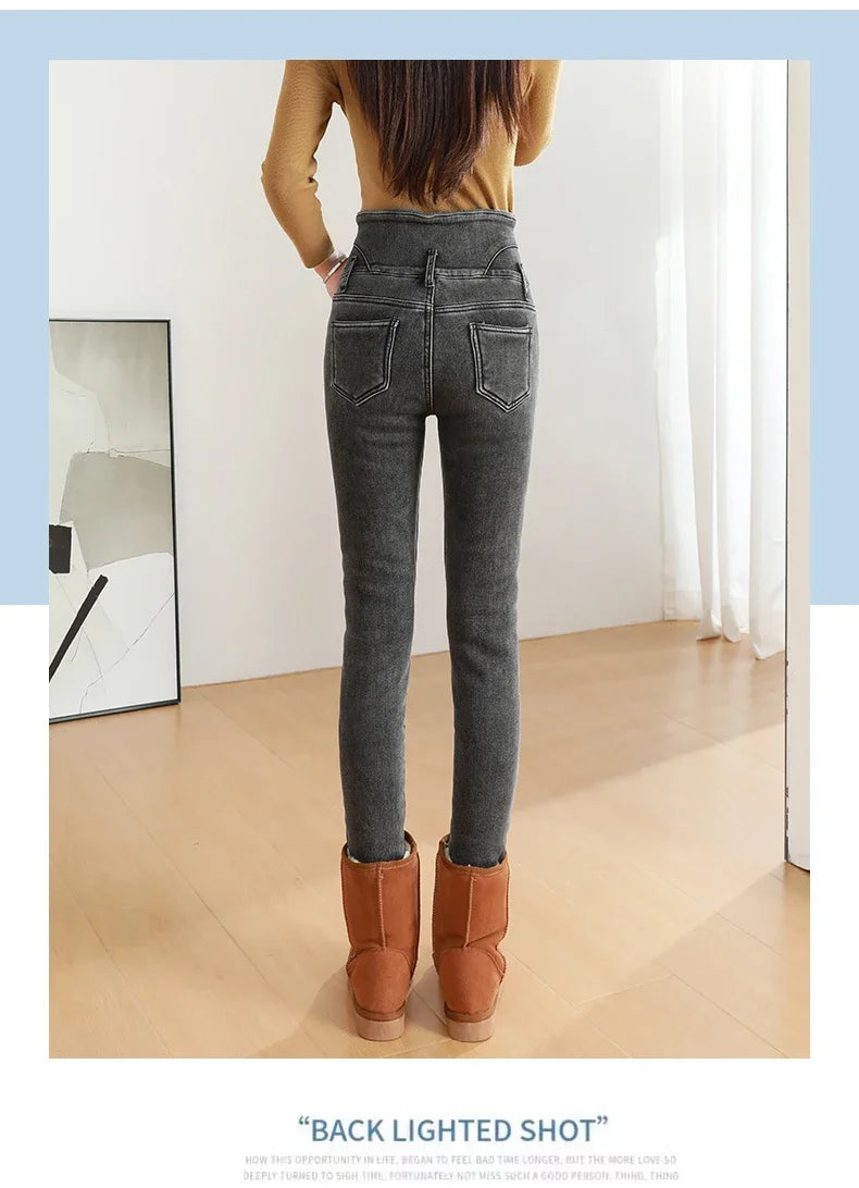 Black Fleece Warm Women Winter Jeans Thickened High Waist Multi-button Skinny Stretch Denim Pants Fashion Korean Female Trousers