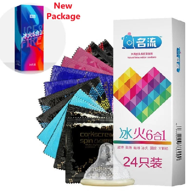 24PCS Ice Fire Feeling Condoms Adult Sex Toys Particles Sleeves For Penis Male Erotic Product Fama Latex Lasting Condom Sex Shop - Seprincess