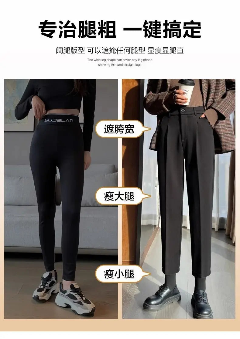 Simplicity Autumn Women Woolen Suit Pants Solid Pockets Button Elastic High Waist Fashion Straight Thicken Ankle Length Trousers