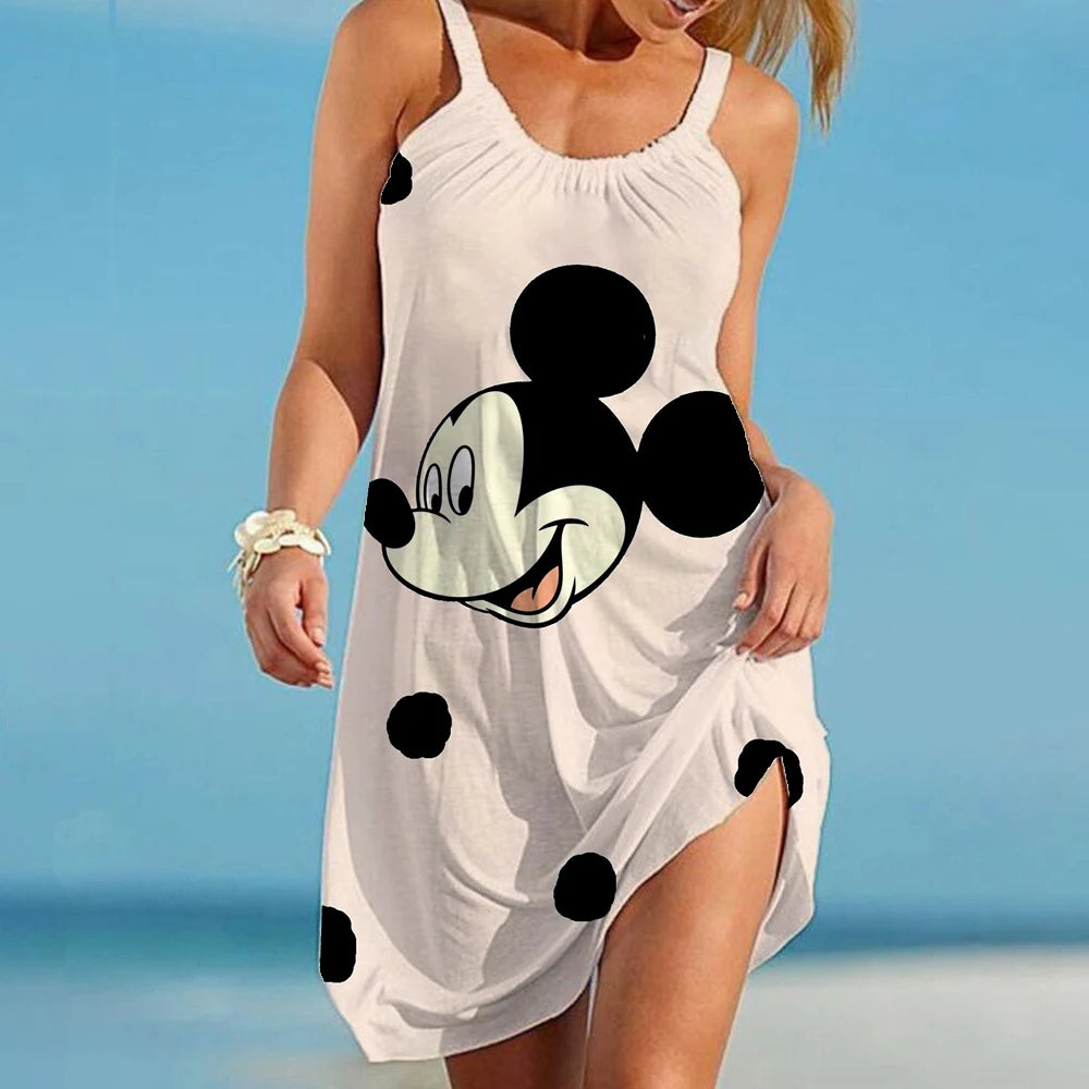 Boho Minnie Mouse Women's Dress Summer Beach Disney Mickey Cartoon Elegant Dresses For Women Fashion Print Sexy Loose Backless - Seprincess