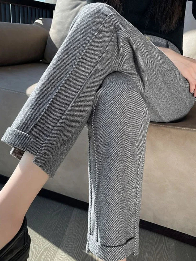 Winter Woolen Pants for Women Thicken Warm Ankle-Length Harem Pants Office Lady Khaki Elastic Waist Fashion Women's Trousers