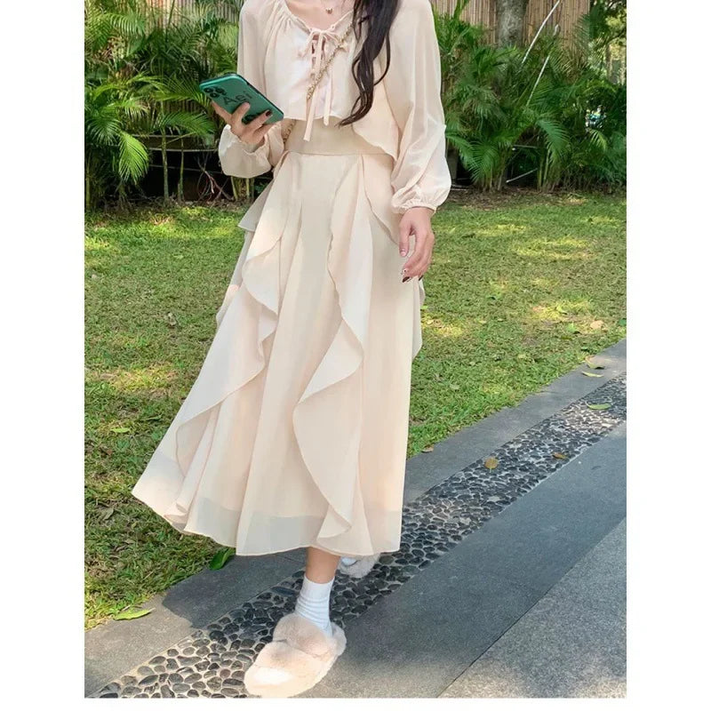 2024 Summer New Women's Ruffle Edge Tank Dress Long Sleeve Sun Protection Cardigan 2-piece Set Soft Fairy-like Design - Seprincess