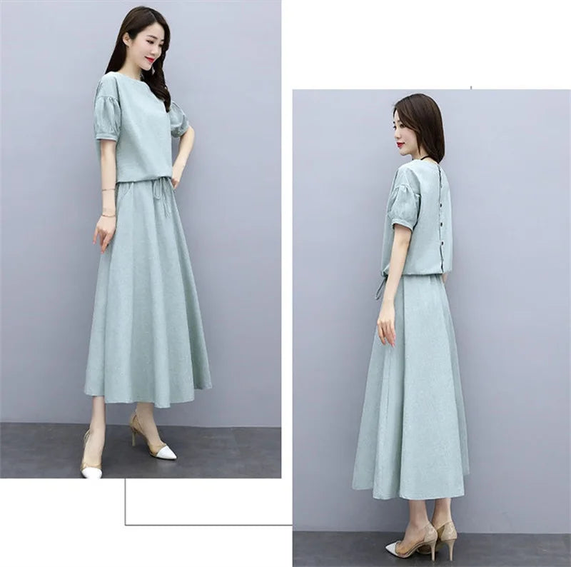 Cotton Linen Skirt Two-Piece Women's Summer 2024 New Set Slim Skirts Sleeve Suit Skirts Fashion 2PCS Temperament Female Outfit - Seprincess